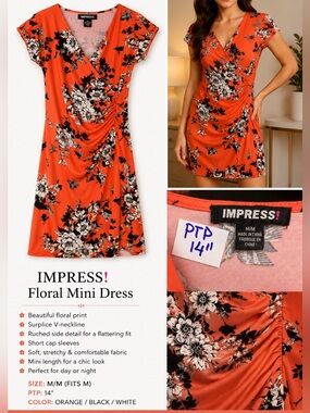 imPRESS Orange Floral Surplice Ruched Mini Dress